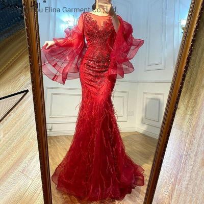 China Hot Selling Sequined Sex Beading Ball Dress Luxury Feather Evening Party Dress Mermaid Bridesmaid Gowns Plus Size for sale