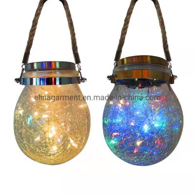 China Solar Waterproof Patio Garden Lanterns Wedding Hanging Mason Jar Solar Lights, Warm Crack Glass Bottle Solar Jar Light for sale