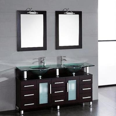 China Modern Contemporary Wooden Double Bathroom Vanity Tempered Glass Basin Bathroom Furniture Set for sale