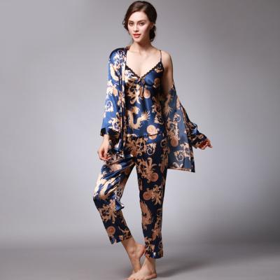 China Wholesale QUICK DRY Silk Pajamas Ladies Spring Summer Print Sleepwear Set Ice Silk Comfortable Three-Piece Home Wear Women Sleepwear for sale