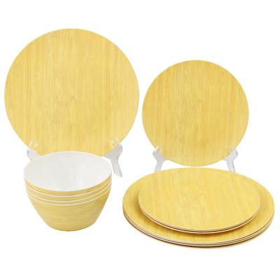 China Sustainable Solid Wood Grain Color Or Can Be Customized Plate Bowl Melamine Dinnerware Set 16 Pieces for sale