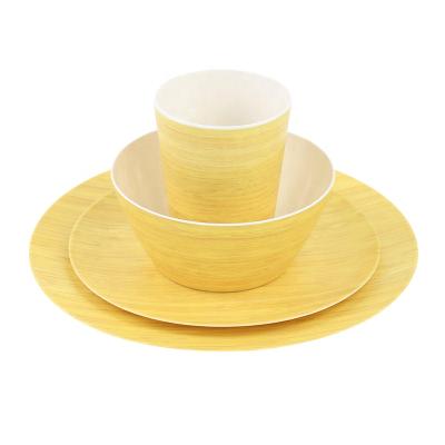 China 4 Sets Shatterproof Biodegradable Wood Grain Eco-Friendly Plastic Melamine Sustainable Gold Dining Set Plates Dinnerware for sale