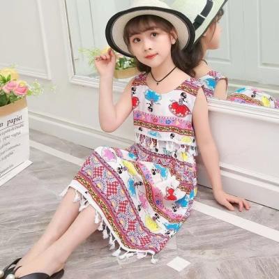 China New Summer Retro Chinese Style Children's Girl's Dress Skirt Children's Cotton Tassel Beach Ethnic Style Slim Sleeveless Skirt for sale