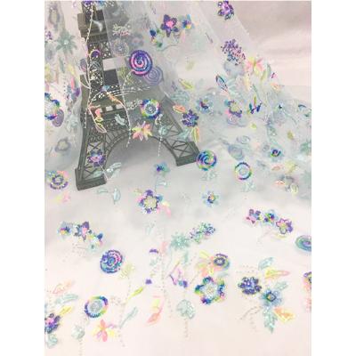 China 2021 Viable New Collection Nigerian Tulle Lace Fabric Blue With Beads Sequin Lace Fabric For Wedding Dresses for sale