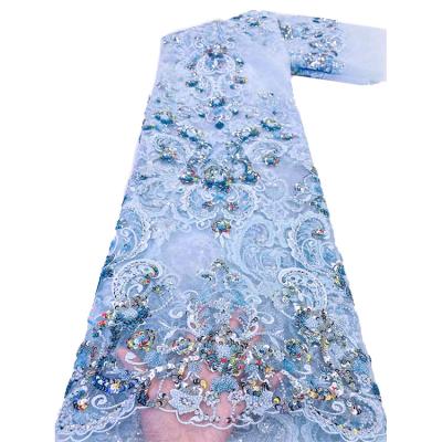 China 2021 Viable New Arrival French Net Tulle Wedding Dress Lace Sky Blue Sequins Lace Fabric With Sequins for sale