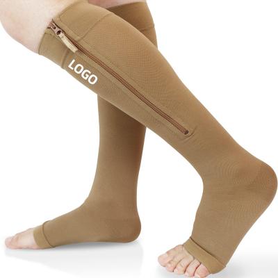 China Wholesale Custom Breathable Logo Low Cut 20-30 mmHg Open Toe Brown Zip Men Compression Sport Recovery Punches With Zipper for sale