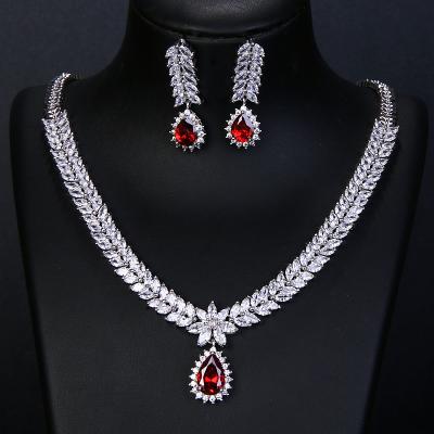 China FASHIONABLE Hot Selling Luxury Jewelry Diamond Red Ruby AAA Zircon Water Drop Earrings Necklace Sets For Women Bridal Jewelry Set for sale