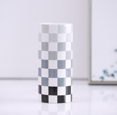 China Contemporary Gift For Family Friend Newly Design Home Decoration With Checkered Pattern Pillar Ceramic Vase for sale