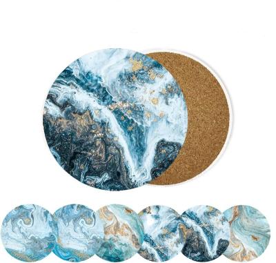 China Light Marble Blue Ocean Style Absorbent Ceramic Coasters With Cork Base Coasters For Drinks for sale