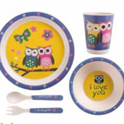 China Cute animal disc square single grid dish cartoon pattern environmental protection and safety children's bamboo five-piece tableware set for sale