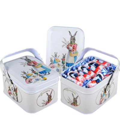 China Cookie Rectangle Vintage Rabbit Metal Gift Packaging Tin Box With Handle For Cookies Candy Gift Packaging for sale