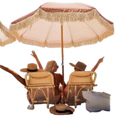 China 2022 Minimalist Vintage Luxury Fringe Outdoor Beach Umbrellas with Tassels, Wooden Pole, Canvas Carry Bag, Sand Anchor Australian for sale