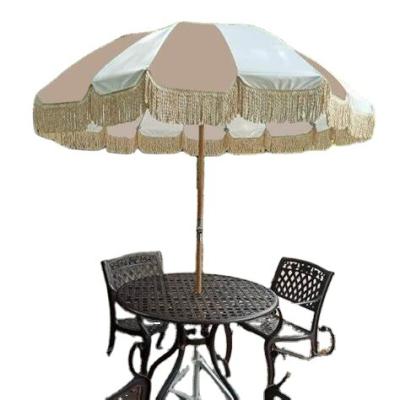 China Minimalist 8FT Premium Fringe Real Tassel Vintage Cotton Wood Luxury Beach Umbrellas for sale