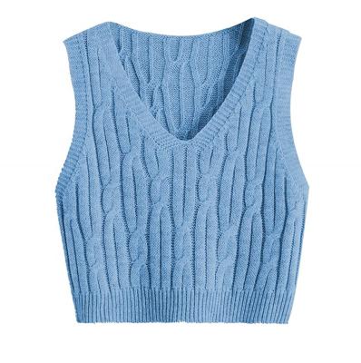 China Women's Breathable Cable Knit Crop Sweater Vest Preppy Style V-Neck Knitwear Sleeveless Tank Tops for sale