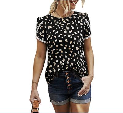 China QUICK DRY Casual Cute Floral Print Short Sleeve Women Shirts Summer Crewneck Crochet Lace Blouses Loose Tunic Tops for sale