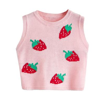 China Women's Breathable Sleeveless Round Neck Strawberry Sweater Vest Cute Crop Shirt Top for sale