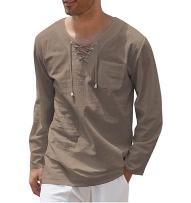 China Mens Cotton Breathable Canvas Shirts Lace Up Casual Beach Tees Hippie V-Neck for sale