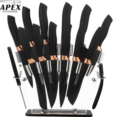 China Rosegold Deluxe Viable 16 Piece Carbon Stainless Steel Stick High Quality Kitchen Knife Unset With Sharpener Knife Set With Block for sale