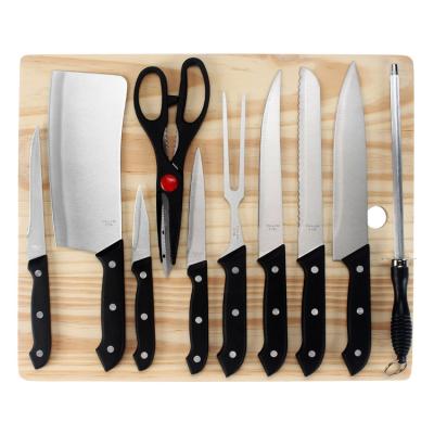 China Durable 11 Pieces Kitchen Knife Set Stainless Steel With Pine Wood Chopper ABS PP Handle for sale