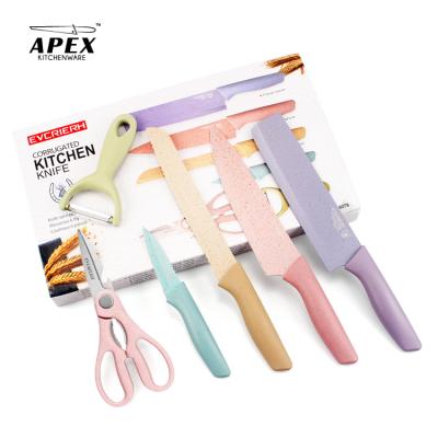 China Sustainable New Design Wheat Straw Handle 6pc Kitchen Knife Eco-friendly Colorful Non-stick Coating Set for sale