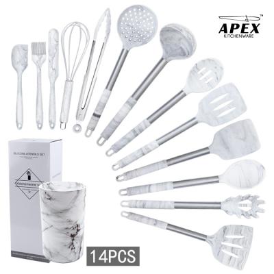 China Premium Sustainable 14pcs Marble Silicone Kitchen Utensil Set With Spatula Tongs Whisk Turner Holder Masher Spaghetti Spoon Slotte for sale