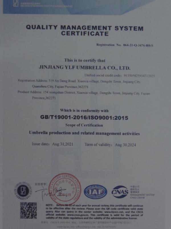 ISO9001 - Jinjiang Ylf Umbrella Co., Ltd.