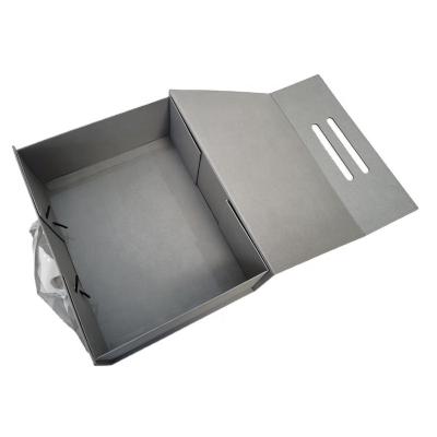 China Custom Reused Materials Logo Display Black Shoe Box Gift Magnetic Foldable Paper Box With Handle Apparel Packaging Box for sale