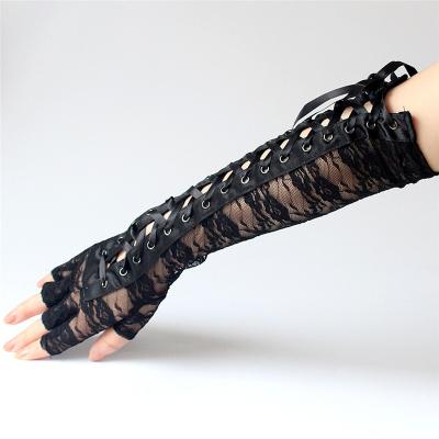 China Women Half-finger Sexy Nylon Lace Gloves Black String Ribbon Ties Dance Party Fingerless Net Mesh for sale