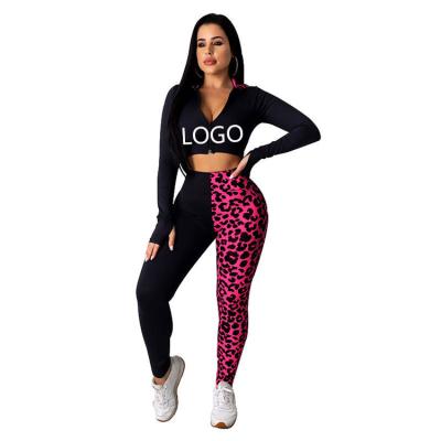 China QUICK DRY women 2 piece outfit autumn leopard patchwork long sleeve tops elastic waist pant set tracksuit set for sale