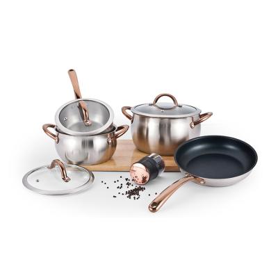 China Sustainable OEM ODM Customized Premium Insulated Stainless Steel Pot Pans Set With Rose Gold Handle for sale