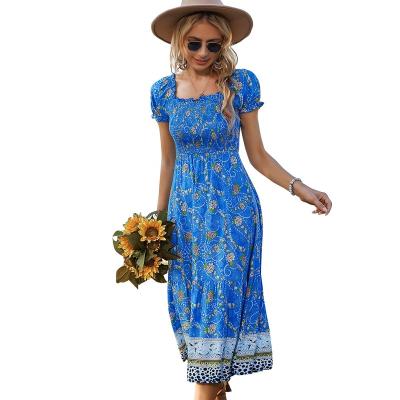 China Bohemia Anti-Static Elegant Ruched Square High Waisted Slim Backless Floral Dress Women's Casual Vacation Dress Ladies for sale