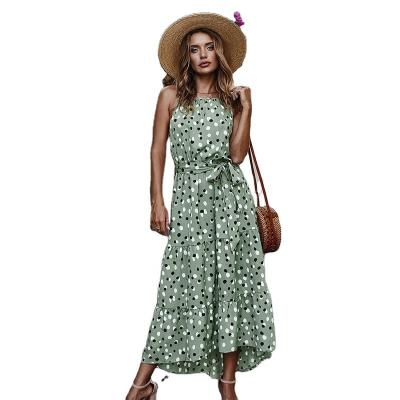 China Wholesale Summer Anti-Static Dot Holiday Style Long Dress Stretching Print Casual Dress With Belt for sale