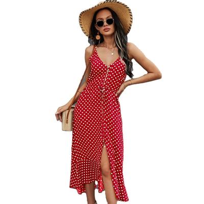 China Anti-Static Summer Polka Dot Dress Women Ruffled Polka Dot V-Neck Strap Sleeveless Sling Dress Popular for sale