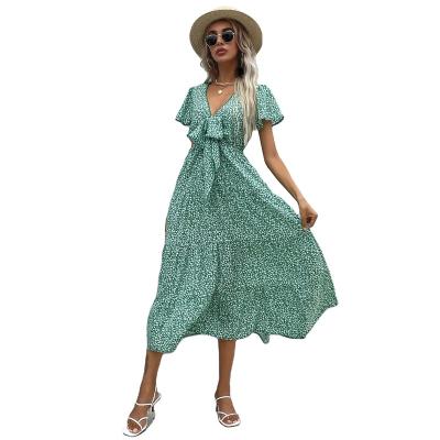 China Summer Boho Summer Boho Front Knot Tie V-Neck Elegant Floral Anti-static Beach Casual Women's Clothing for sale