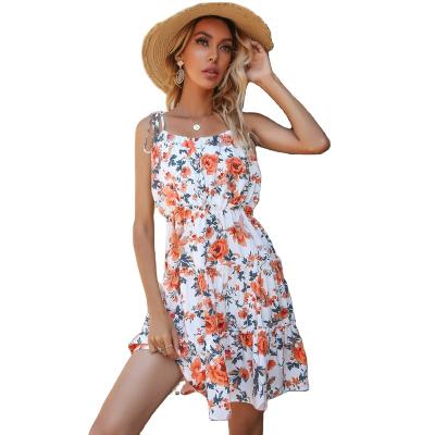 China 2022 Summer Anti-static Wholesale Casual Women Loose Lace Chiffon Floral Sling Sleeveless Mini Sun Dress Sundress for sale