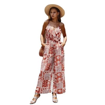 China New Design QUICK DRY Bohemian Women Spring Overalls Casual Lady High Street Floral Printed V-Neck Spaghetti Strap Longs Loose Romper for sale