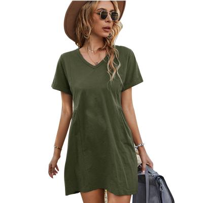 China Anti-static Simple V-Neckline Short Sleeve Solid Color Summer Loose T-shirt Dress For Women for sale