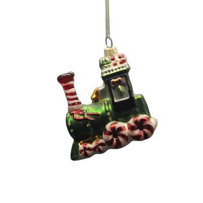 China Custom Europe Decoration Hand Blown Glass Thomas Train Ornaments Christmas Tree Hangings for sale