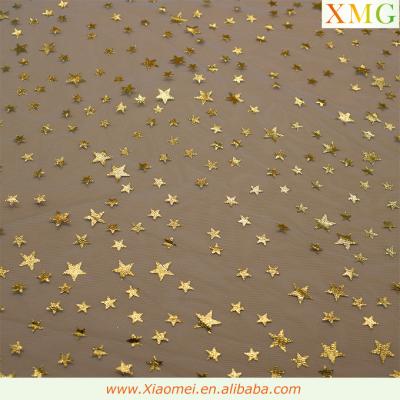 China New Dress Fashion Printed Gold Stars Bronzing Fancy Light Blue Tulle Fabric For Dress for sale