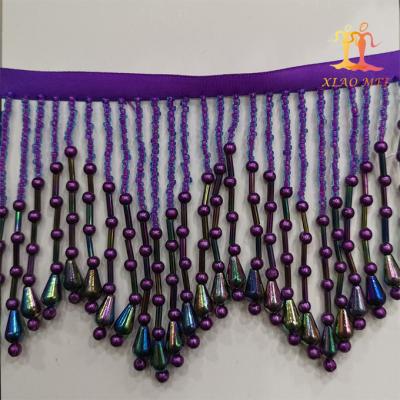 China New Style Eco-friendly Pattern Weave Trimming And Purple Beads Tassel And Fringe Ribbon For Costume for sale