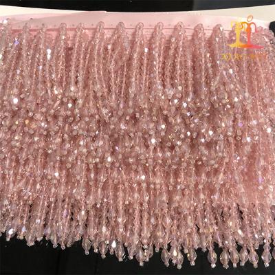 China Eco-friendly Wholesale Cheap 6cm Clear And Pink Crystal Beaded Tassel And Fringe Trimming For Costume for sale