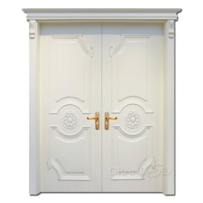 China Modern House Interior Solid Wood White Wooden Double Door With Craved Design for sale