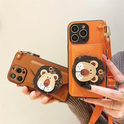 China Shockproof For Phone Case 13pro Leather Rope Wallet iPhone14proma Cartoon Lion Coin Internet Celebrity Small Long 12 14 Anti-fall 14 Female for sale