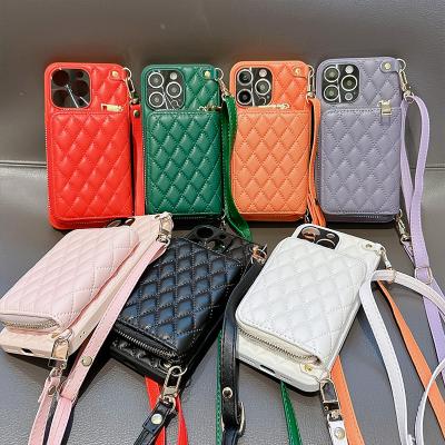 China Shockproof For Fashion Plaid Coin Purse iPhone14promax Phone Case Apple 13pro Leather Rope Long 12 x 11 Internet Celebrity Female Anti-fall for sale