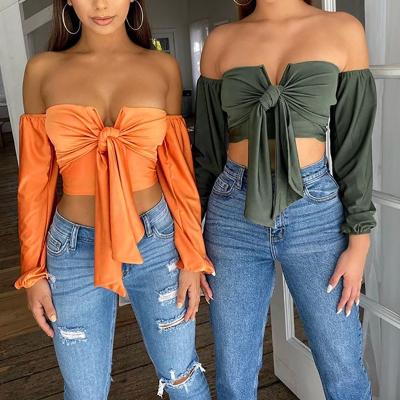 China 2021 Fashion New Fashion Solid Color Women's Casual Blouse Women's Off-the-Shoulder Long Sleeve Sexy Shirt Breathable Clothing for sale