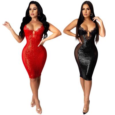 China 2021 European and American women's clothing sexy suspender dress lace ladies sequined fashion breathable for sale