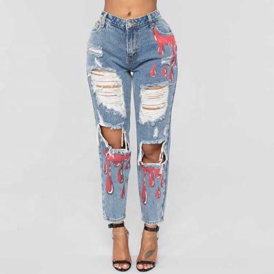 China New Xinyi 2022 breathable fashion design hole printing pants fashion teardrop jeans for sale