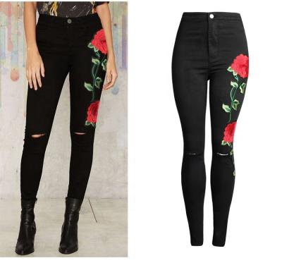 China Breathable New Fashion Washed Flower Embroidery Jeans Sexy Skinny Women Ripped Jeans Pants for sale