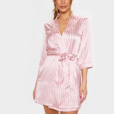 China QUICK DRY women's long satin soft silk pajamas pink striped long robe for sale