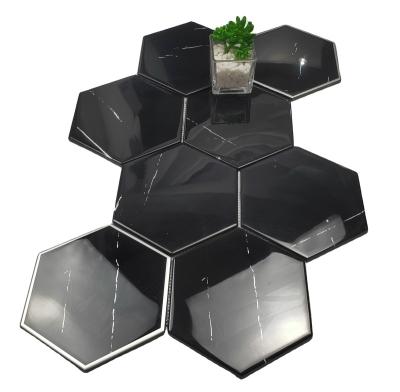 China Chinese Style New Arrivals Art Design Interior Wall Floor Hexagonal Herringbone Black Polished Marble Mosaic Tile for sale